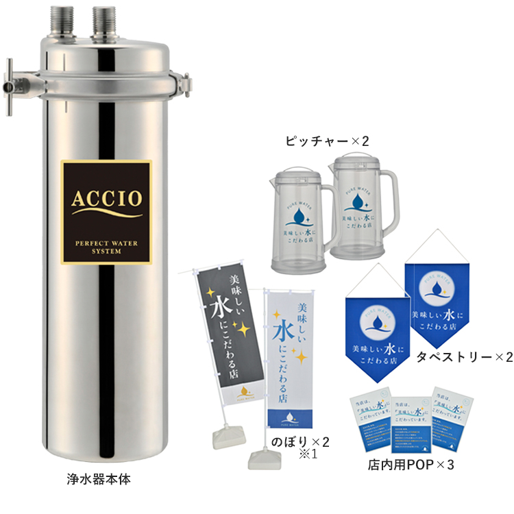 業務用浄水器ACCIO(アクシオ)商品と販促グッズ