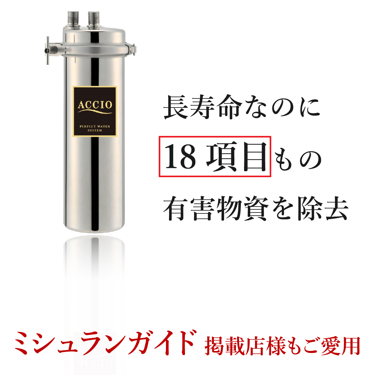 浄水器アクシオの画像あと「長寿命なのに18項目もの有害物質を除去」という文字